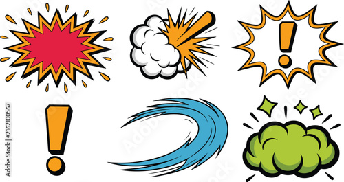 Retro Comic Book Style Speed Effects and Speech Bubble Vector Element Set Featuring Explosions, Exclamation Points, Wind Slashing, and Dust Clouds