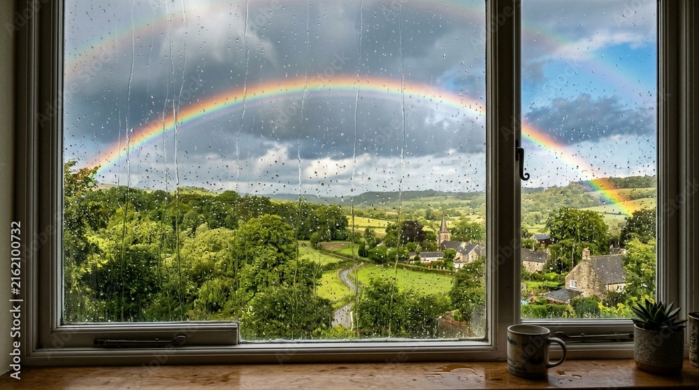 Fototapeta premium Double rainbow arching over green valley seen through window