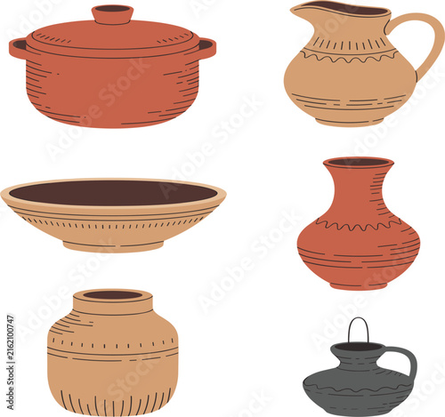 Traditional Ceramic Pottery and Clay Earthenware Vector Icon Set Featuring Rustic Pots, Kitchen Pitcher, Decorative Vases, and Antique Cooking Bowls