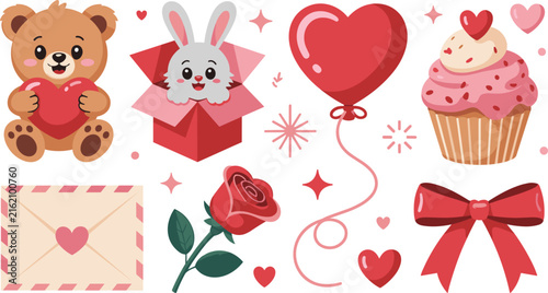 Valentine Day Romantic Vector Icon Element Set Featuring Teddy Bear, Bunny in Gift Box, Heart Balloon, Cupcake, Love Letter Envelope, and Red Rose