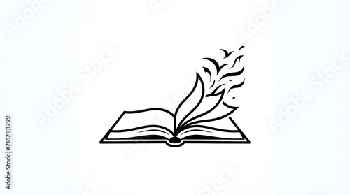 Minimalist open book line art illustration with pages transforming into flying birds on isolated background