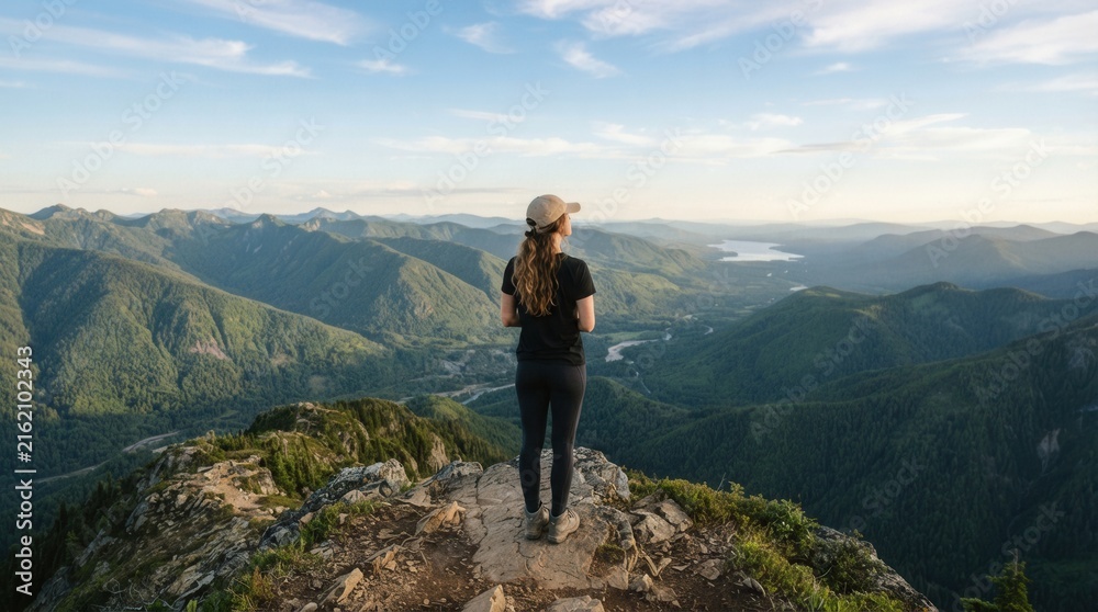 Fototapeta premium Woman Enjoying Sunset Sky on Mountain Peak in Stunning Portrait Image of a watching