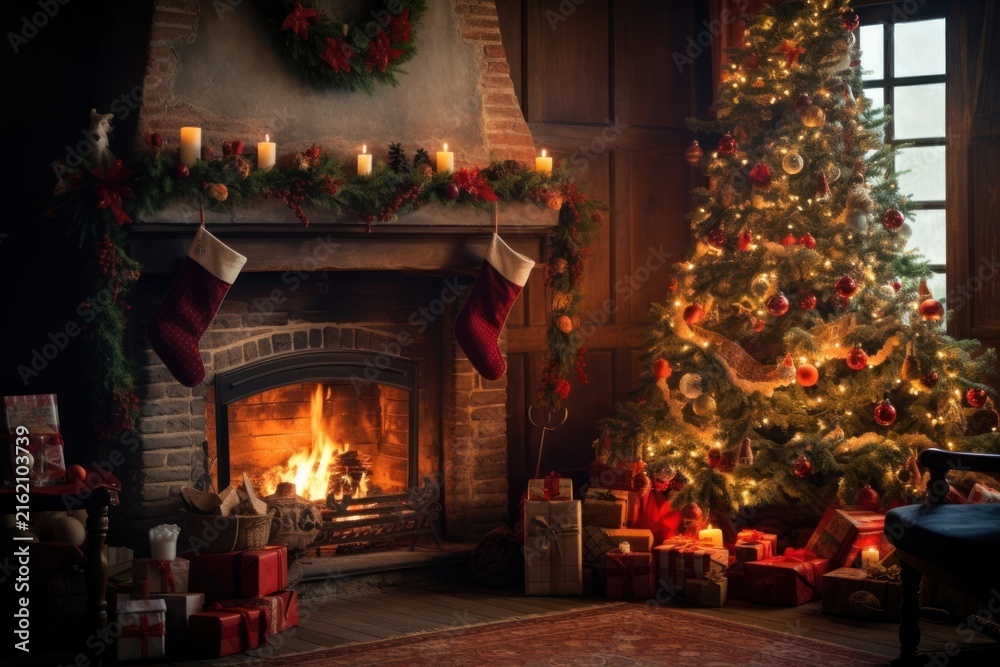 Fototapeta premium Decorated christmas tree fireplace hearth anticipation.