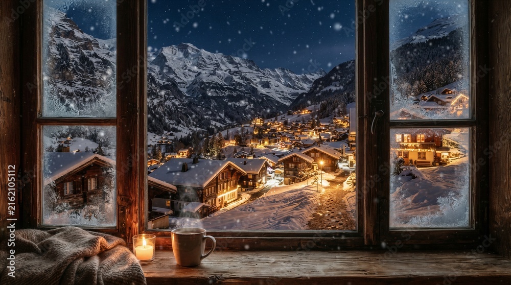Fototapeta premium Snowy mountain village illuminated at night from window