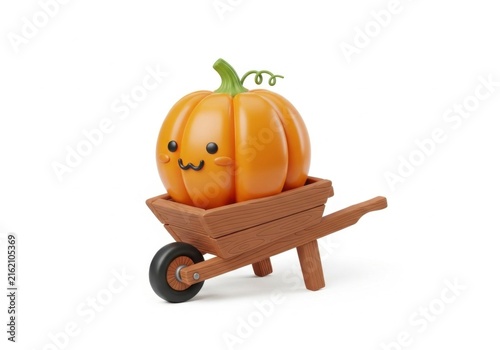Cute cartoon pumpkin with happy face in wooden wheelbarrow