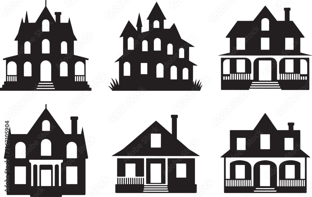 Naklejka premium Set of six black silhouette haunted houses, halloween scary building collection, spooky residence.