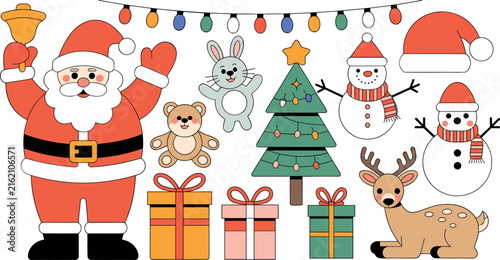 Flat Christmas Character and Holiday Element Vector Set with Santa Claus, Snowman, Gift Boxes, Reindeer, and Cute Winter Animals for Festive Graphic Designs
