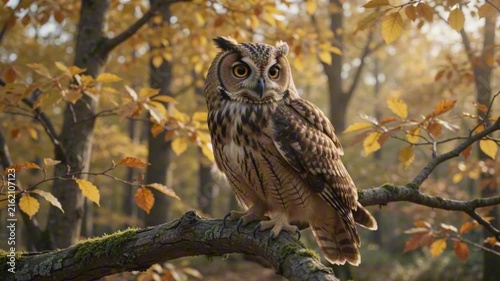 Great horned owl perched on a branch blinking its large golden eyes in this cinematic nature animation video clip
