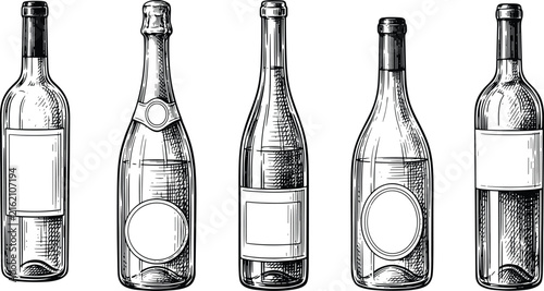 Foto Hand Drawn Wine and Champagne Bottles Set with Blank Labels for Beverage Brandin