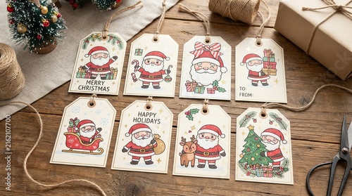 Set of eight cute santa claus christmas gift tags on wooden table