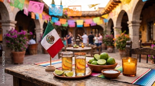 Mexican independence day celebration with tequila shots and flags