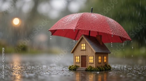 A miniature house is protected from the rain by a red umbrella in a wet, blurred outdoor setting.