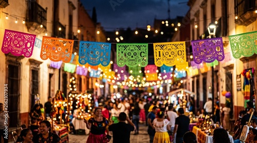 Mexican independence day celebration with vibrant banners on city street