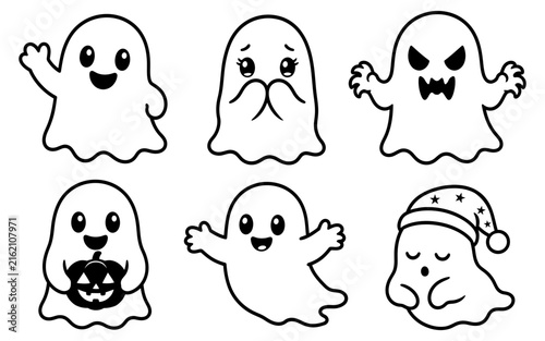 Cute Halloween Ghost Character Collection Line Art