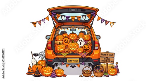A vibrant halloween trunk or treat display featuring pumpkins decorations and a festive spooky atmosphere for trick or treaters
