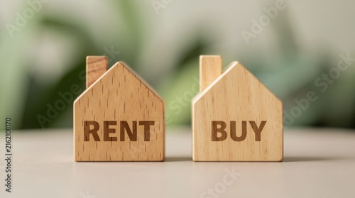 Two wooden house-shaped blocks labeled 