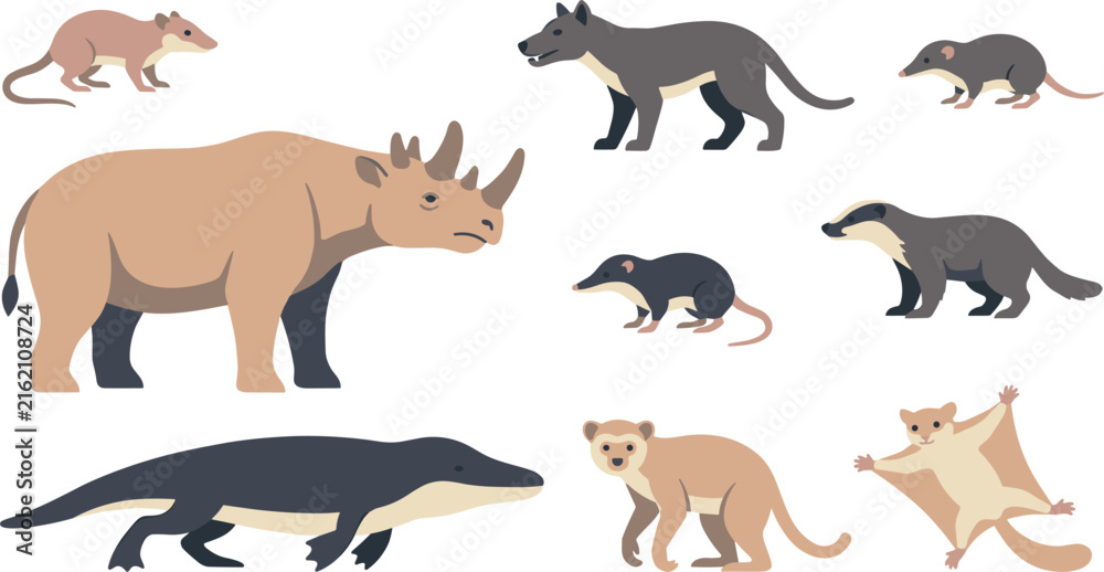Fototapeta premium Animal prehistoric mammal extinct wildlife creature nature vector collection featuring ancient rhino, primitive rodent, marsupial, sugar glider, and thylacine illustrations