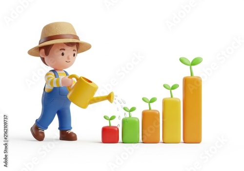Farmer character watering growing plant sprouts on bar graph