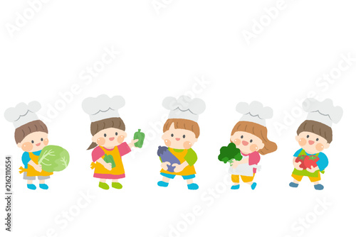 コック姿で野菜を手にする5人の子どもたちのイラスト