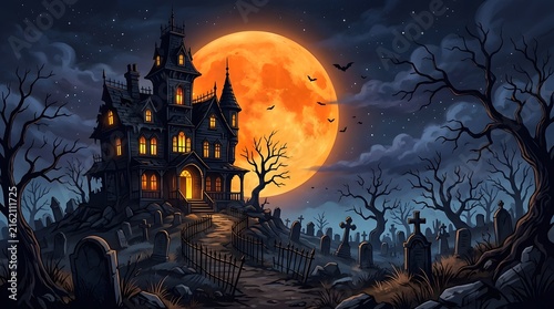 A spooky haunted castle silhouette glows under a massive vibrant and ominous halloween full moon
