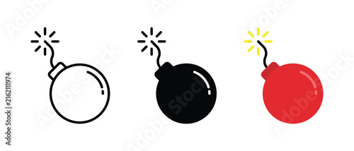 Set of bomb icons with burning fuse in different styles