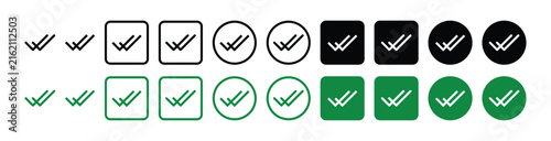 Set of double check mark icons in various styles and colors