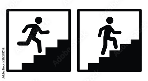 Running person silhouette ascending stairs a black and white pictogram on a white background