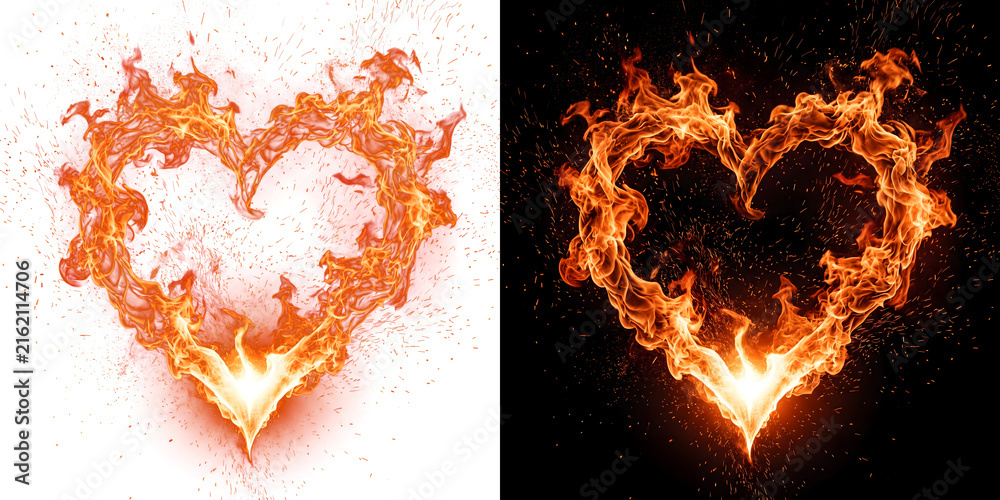 Fototapeta premium Blazing fire heart glowing brightly with scattered sparks on a black background for passionate design in PNG, Transparent and Black Background Versions