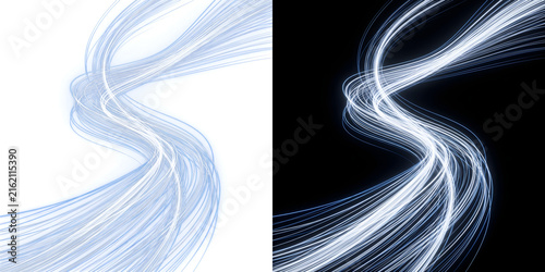 Фотография Blue and white flowing light curve twisting in a fiber optic pattern for technol