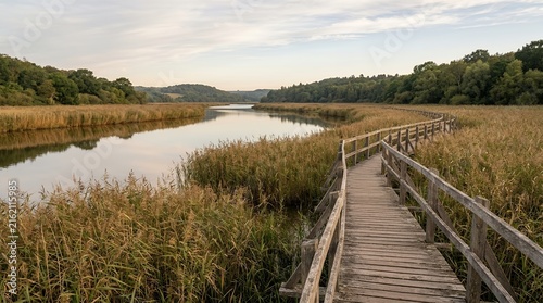 Peaceful wooden walkway through golden reed beds by a mirror river with green hills and dense forest under a soft sky