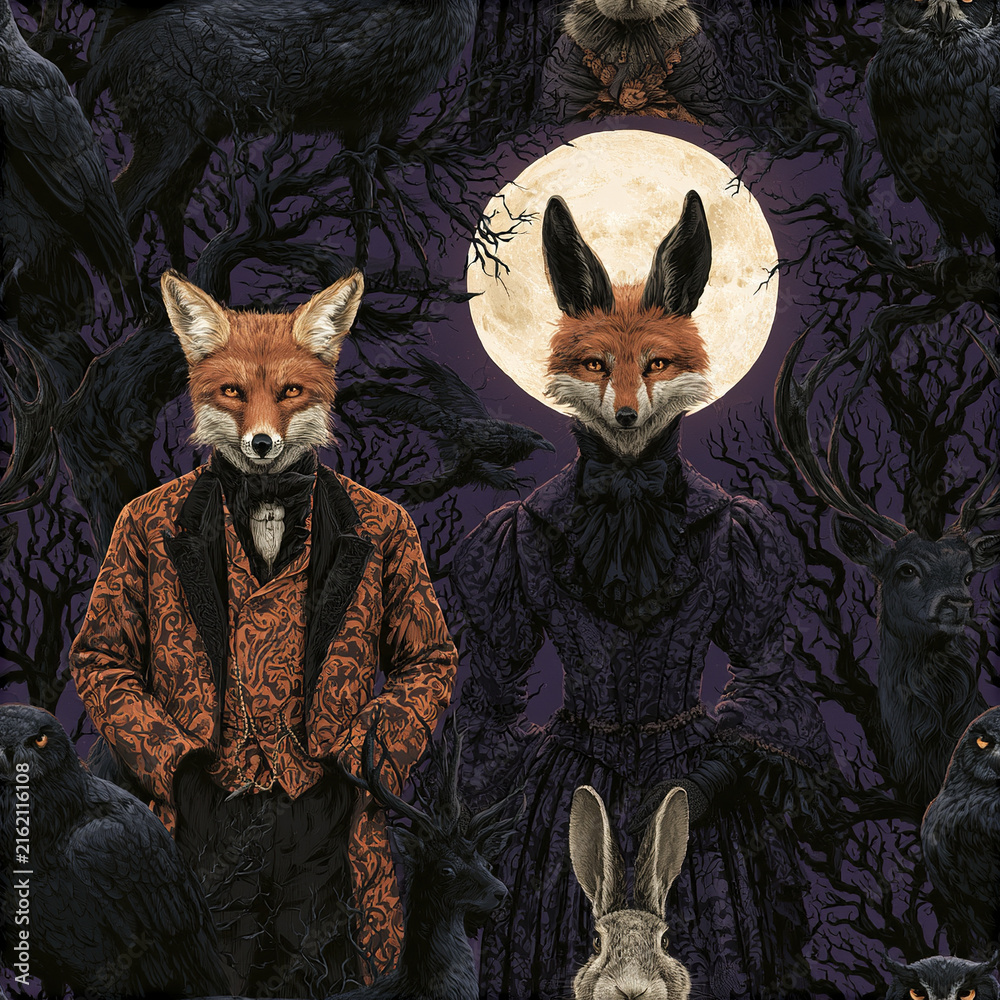 Naklejka premium Foxes in Victorian clothing stand in gothic haunted forest with full moon, surrounded by dark trees, ravens, deer, and rabbit