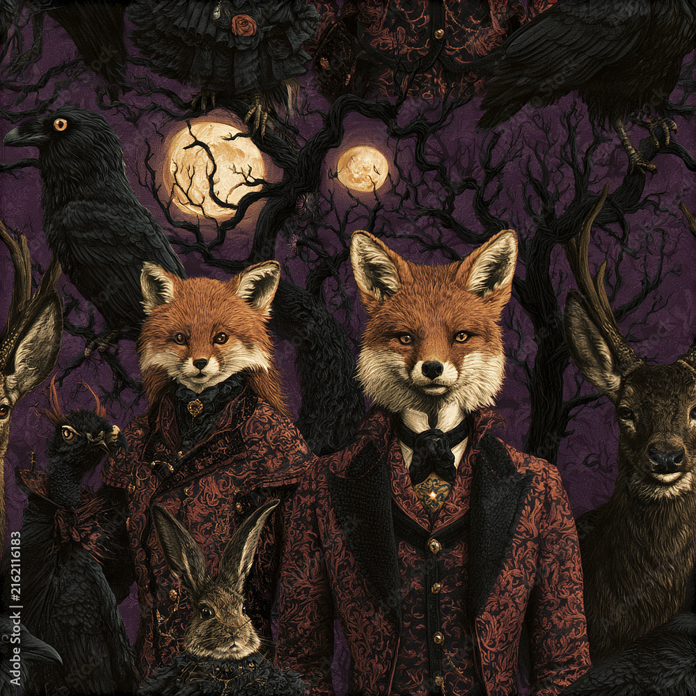 Naklejka premium Gothic haunted forest pattern featuring elegant foxes moonlit night with ravens and deer in dark mysterious atmosphere