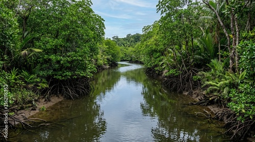 Scenic View of Tropical Mangrove Forest River with Calm Water Reflection and Dense Green Trees in Wetland Ecosystem