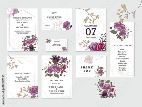 Bild auf Leinwand Elegant Floral Wedding Stationery Collection with Invitation Card RSVP Save the