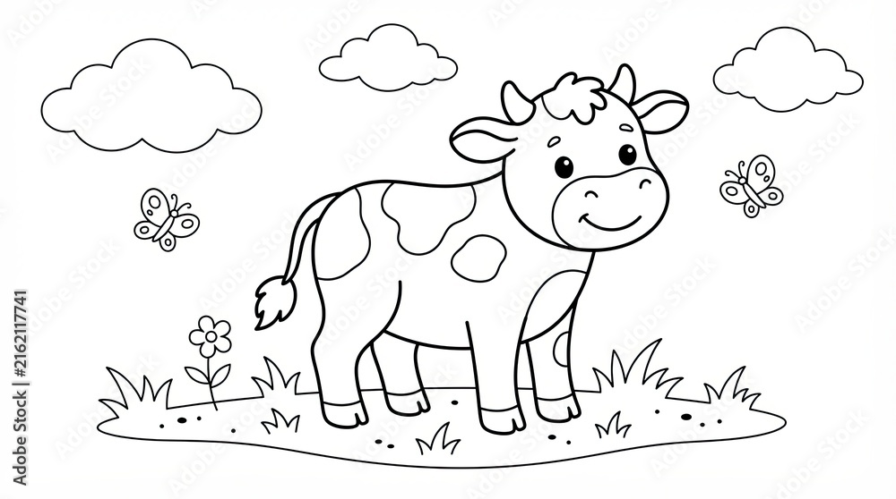 Fototapeta premium Cute little cow standing in a field with butterflies and clouds