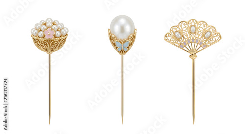 Regency style golden decorative hat pins with pearls and enamel