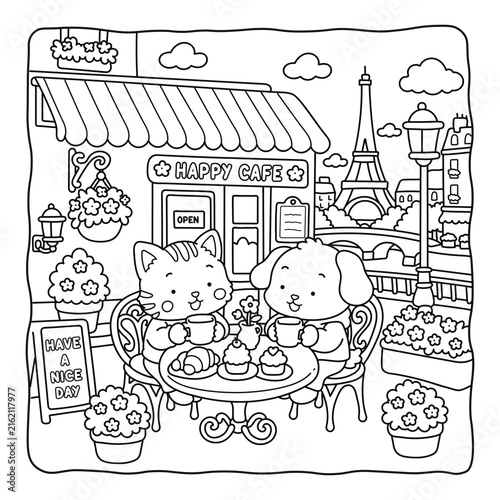 Cute Cat Friends Enjoying Coffee and Pastries at a Charming Paris Café with the Eiffel Tower Coloring Page