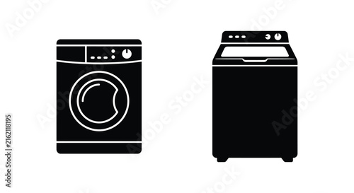 Black silhouettes of a front load washing machine and a top load washing machine on a
