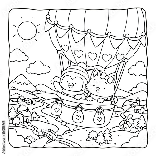 Cute Penguin and Cat Riding a Hot Air Balloon Over a Cozy Landscape Coloring Page Line Art
