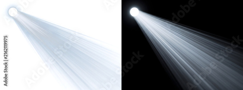 Spotlight beam shining bright light rays diagonally on a black background for dramatic design in PNG, Transparent and Black Background Versions