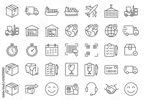 Delivery and Logistics Line Icon Set with Shipping Truck Cargo Warehouse Package Tracking and Global Transportation Symbols