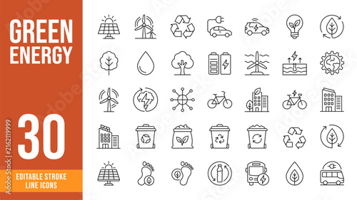 Green Energy Line Icon Set with Renewable Power Solar Wind Electric Vehicle Recycling and Sustainable Technology Symbols