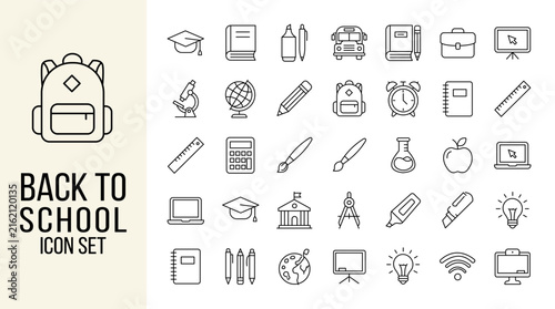Back to School Line Icon Set with Backpack Books Stationery Classroom Learning and Education Symbols