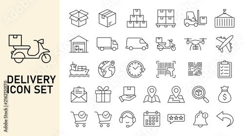Delivery and Logistics Line Icon Set with Truck Scooter Package Warehouse Shipping and Courier Symbols