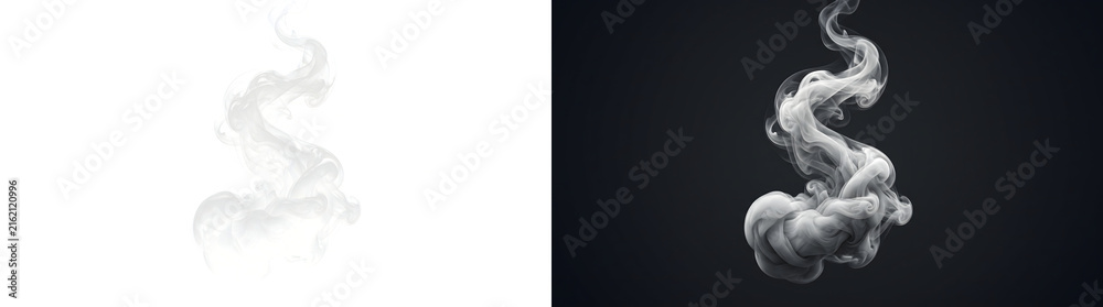 Naklejka premium White smoke swirl rising in twisting wisps against a dark background for atmospheric design in PNG, Transparent and Black Background Versions