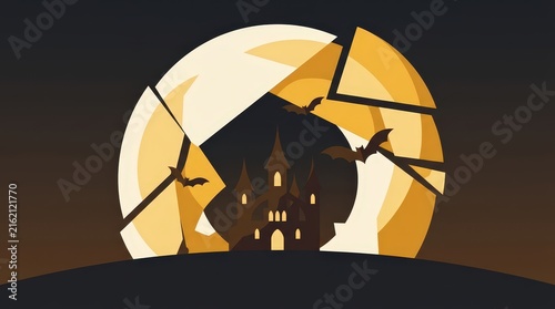A dark silhouette of a scary monster standing in front of a giant cracked glowing yellow moon at night time