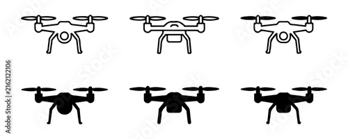 Simple black and white line and filled icons showcasing drone models for various tech and flight applications.