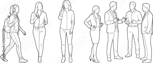 Black and white line art vector illustration of a group of diverse people standing and talking together.