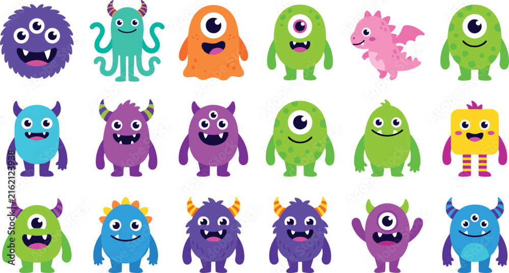 Naklejka premium Cute Monster and Alien Character Vector Icon Set Featuring Colorful Friendly Halloween Creatures, Mascot Elements, and Funny Expressive Avatars Flat Illustration (21 words)
