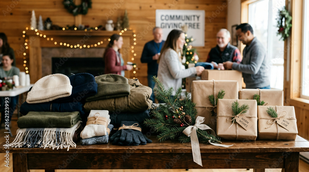 Obraz premium Community giving tree donation drive with wrapped gifts and winter clothing